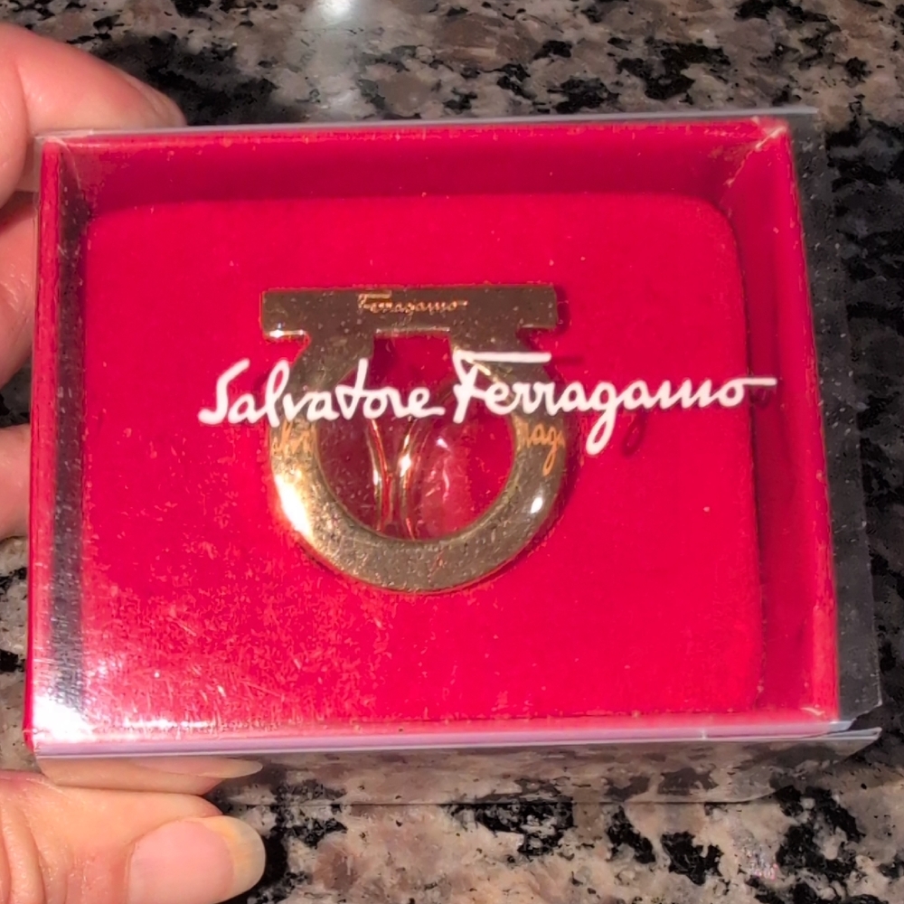 Salvatore Ferragamo Gancini Gold tone Scarf Ring In Box